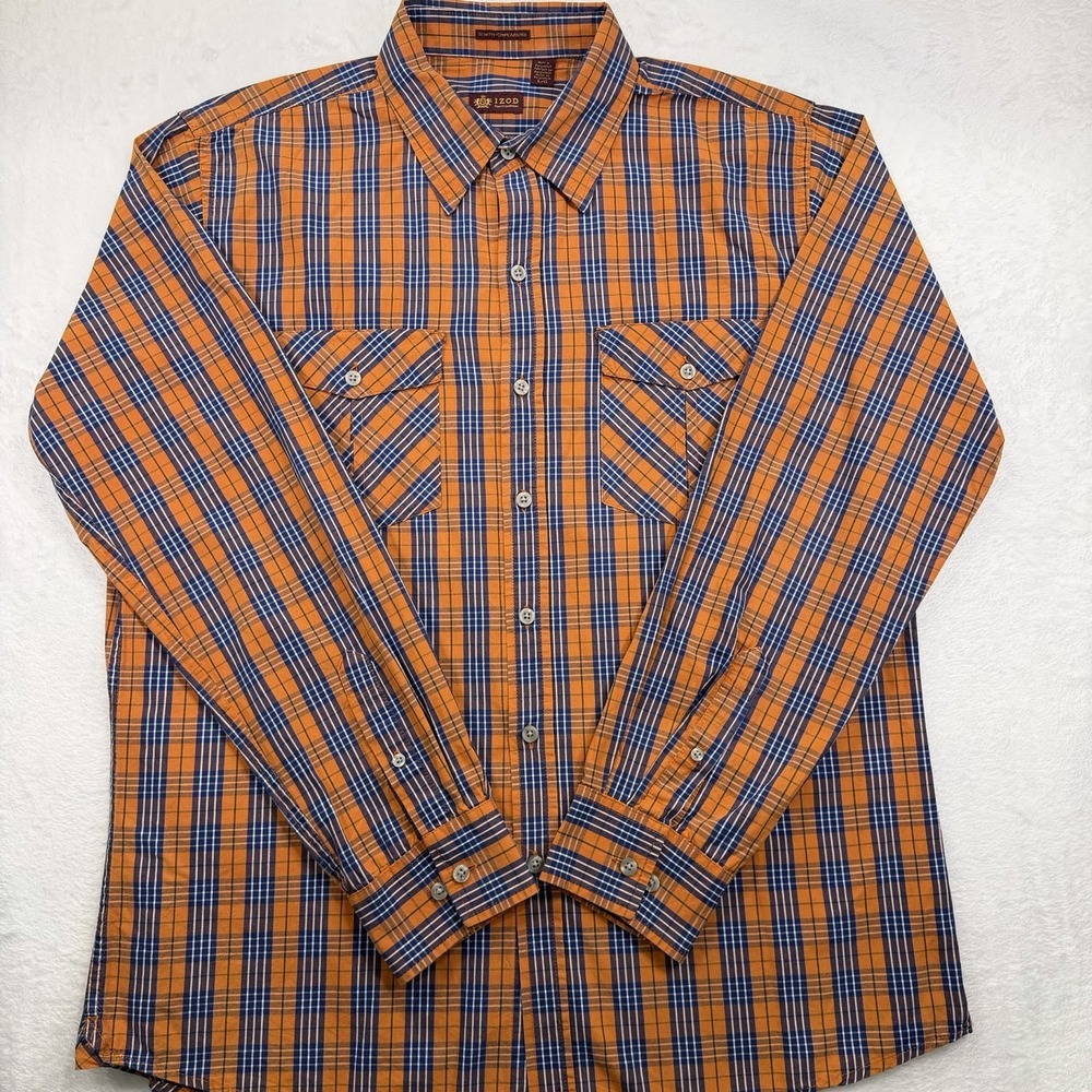 Izod Men Orange Button Up Plaid Long Sleeve Shirt Size L Casual Shirt Cotton